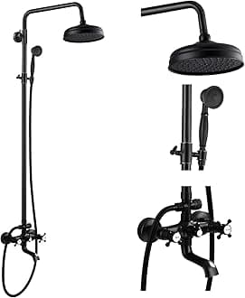 Oil Rubbed Bronze Bathroom Luxury Shower Faucet Rain Mixer 8 Inch Round Head Double Cross Handle Bathroom Bathtub Hand Spray Tub Tap Wall Mount Bathroom Fixtures