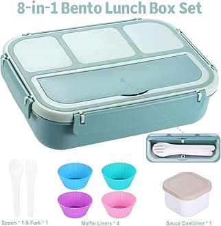 Bento Box Adult Lunch Box, Lunch Containers for Kids Girls Boys with 4 Compartments, Lunchable Food Container with Utensils, Sauce Jar, Muffin Liners, 40 Oz/5 Cup, Light Teal