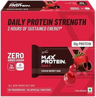 RiteBite Max Protein Daily Choco Berry Protein Bars with 10g Protein, 5g Fiber & 21 Vit. & Minerals | 0 Added Sugar, No Cholesterol & Trans Fat For Upto 2h of Energy, Healthy Snack, 50g (Pack of 6)