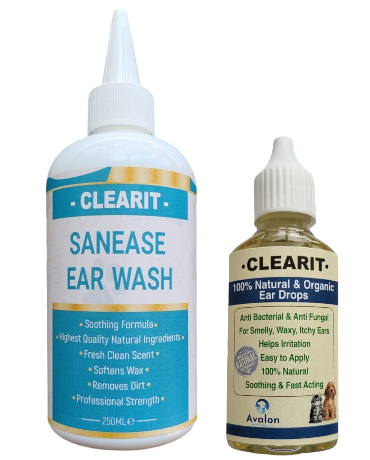 Clearit Advanced Ear Drops 100% Natural/Organic & Sanease Ear Wash Fast Acting & Super Effective for Dogs/cats/rabbits etc