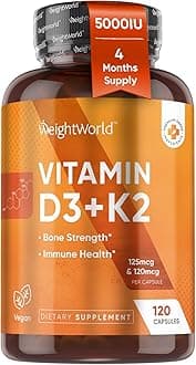 Vitamin D3 K2 5000IU Capsules for Bone Strength & Immune Health - 4 Months Supply Vitamin D3 and K2 Supplements - 120 Vegan D3 K2 Capsules for Women and Men, Non-GMO, Gluten-Free