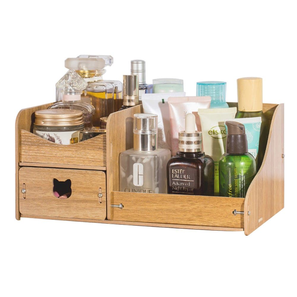 REARAND DIY Creative Multifunction Wooden Cosmetics Storage Box Makeup Organizer Desktop Drawer Box Bamboo Desk Tidy