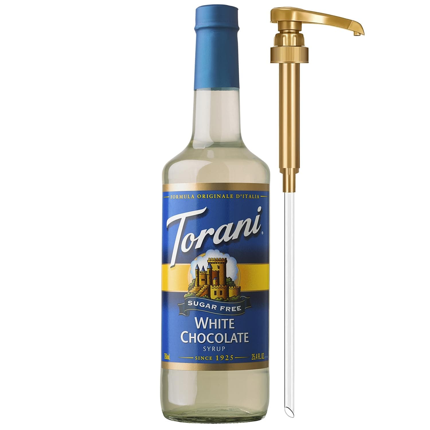 Torani Sugar Free Coffee Syrup, White Chocolate Flavored Syrup for Drinks, Zero Calorie, Glass Bottle with Pump Included, 25.4 Fl Oz