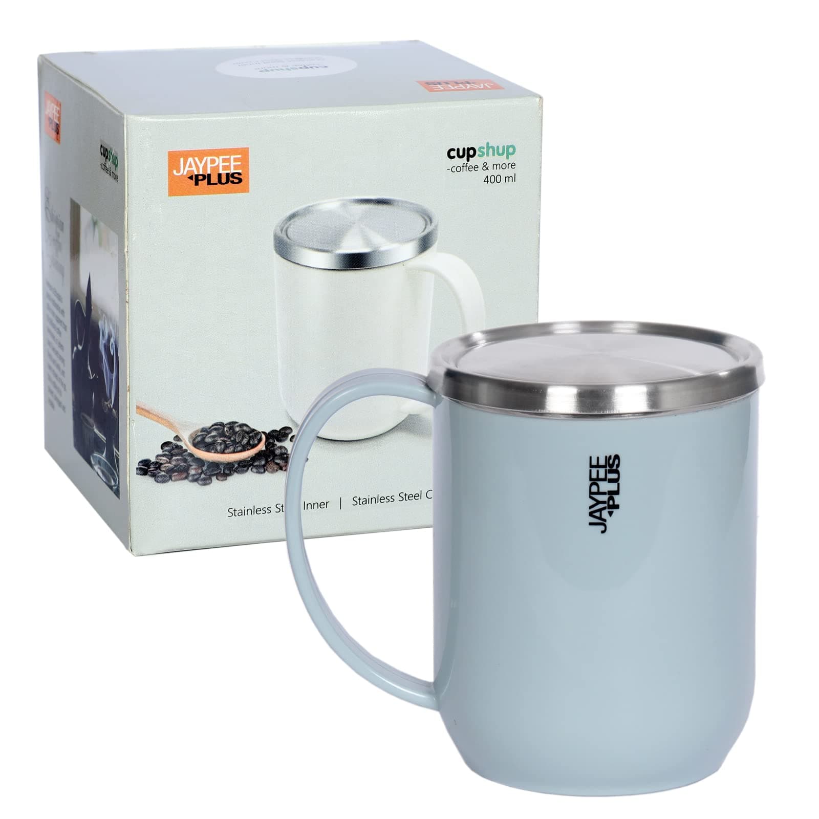 Jaypee PlusCupshup Coffee Mug with Steel Lid Plastic Covered Stainless Steel Coffee and Milk Mug Light Grey