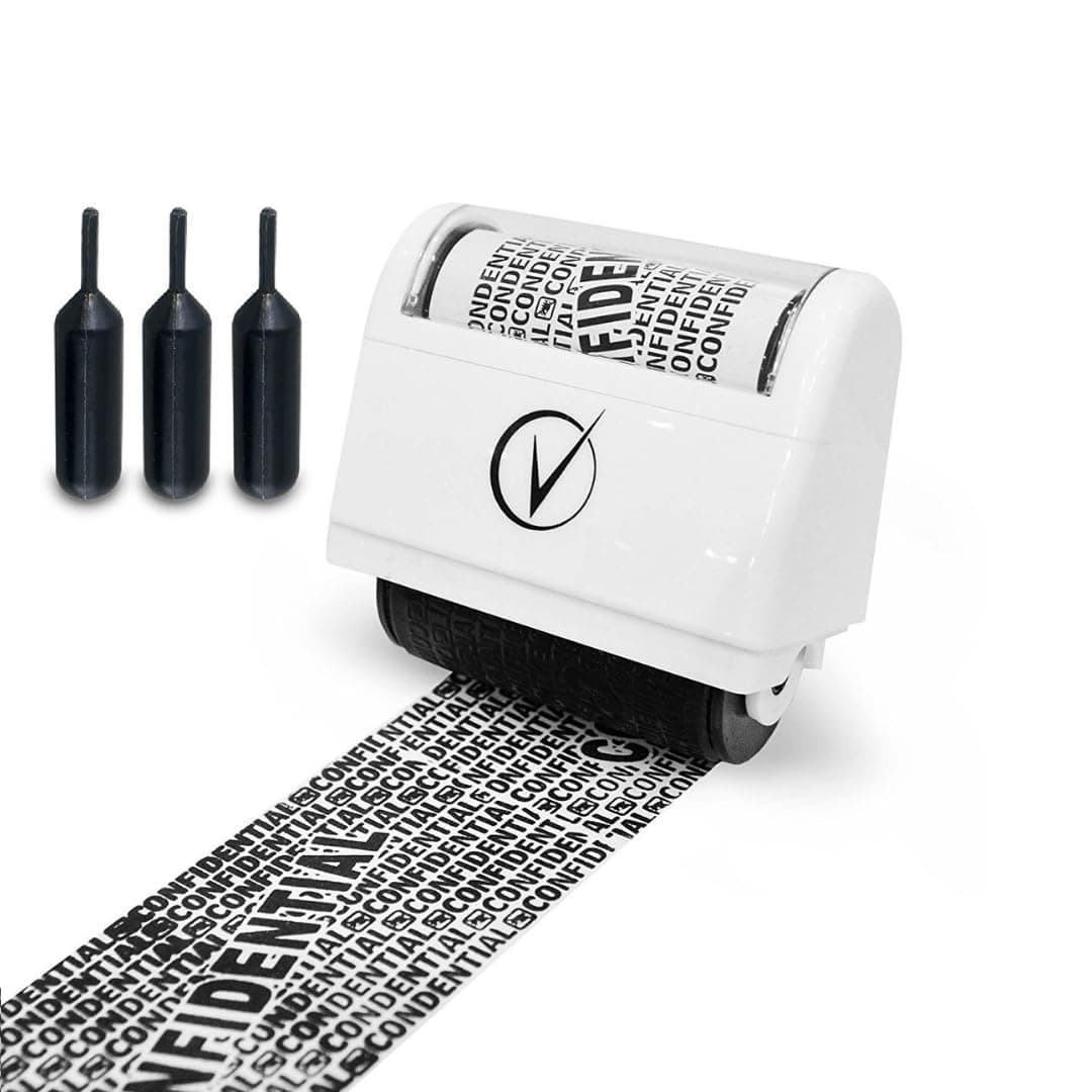 Vantamo Identity Theft Protection Roller Stamp Wide Kit, Including 3-Pack Refills + Free E-Book - Designed for Secure Confidential ID Blackout Security, Anti Theft and Privacy Safety - Classy White