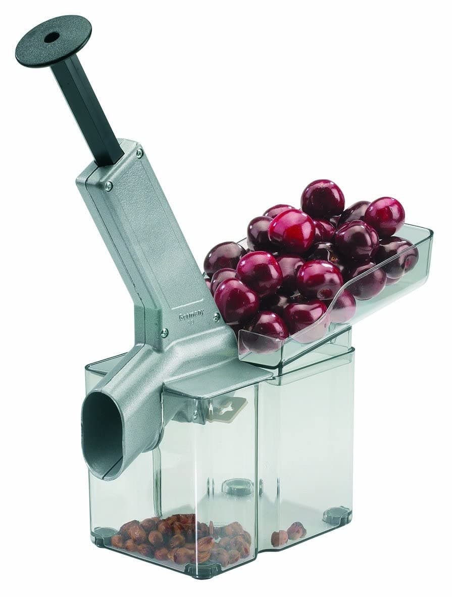 Kirschomat Cherry Pitter – High Capacity Cherry Stoner, 33 lbs/Hour, Stainless Steel Plunger, Large Pit Container, Manual Cherry Seed Remover, Ideal for Pies, Canning, Silver/Black