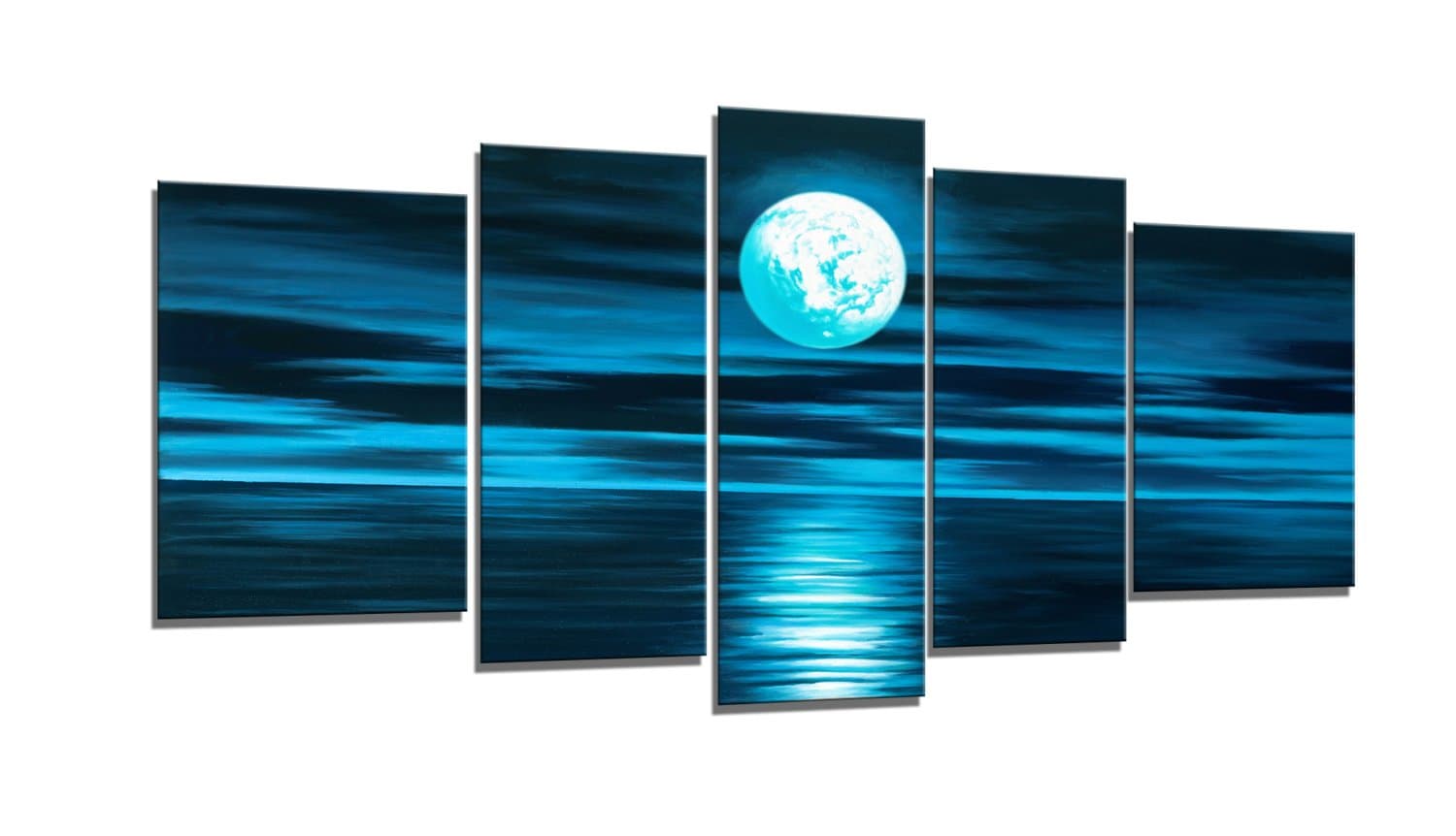 Boqi Art-5 Piece Blue Full Moon Giclee Prints Framed Hanging Wall Art for Home Decoration