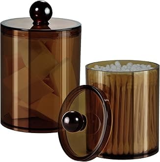 SheeChung 2 Pack of 12 Oz. Small Clear Plastic Apothecary Jar - Qtip Dispenser Holder Bathroom Vanity Storage Canister Acrylic Jar for Cotton Ball,Cotton Swab,Q-tips,Cotton Rounds (Bronze)