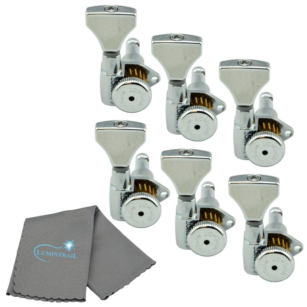 HipshotGuitar Tuner Upgrade Kit (6 Inline Headstocks) Grip Lock Open Chrome Bass Side Non Staggered Bundle with a Lumintrail Polishing Cloth