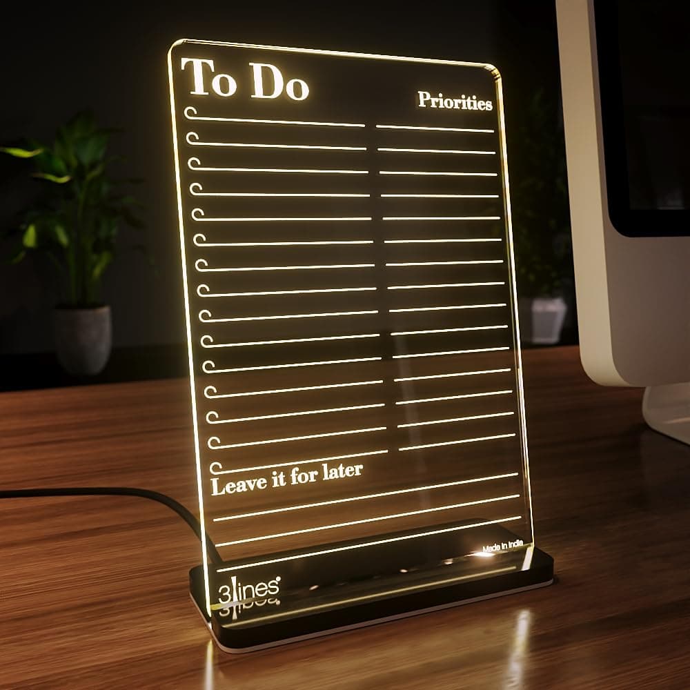 Glowrite Illuminate Your Ideas! Acrylic LED Writing Board with USB Stand/Base | Ideal for Home & Office | Unique Gift | Made In India | With 2 Markers | To Do Priorities | Regular
