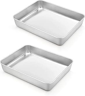 TeamFar Rectangular Cake Pan, 9.3'' x 7'' Stainless Steel Small Toaster Oven Baking Roasting Cake Lasagna Pan, Non-Toxic & Heavy Duty, 2 Inch Deep Side & Dishwasher Safe, 2 PCS