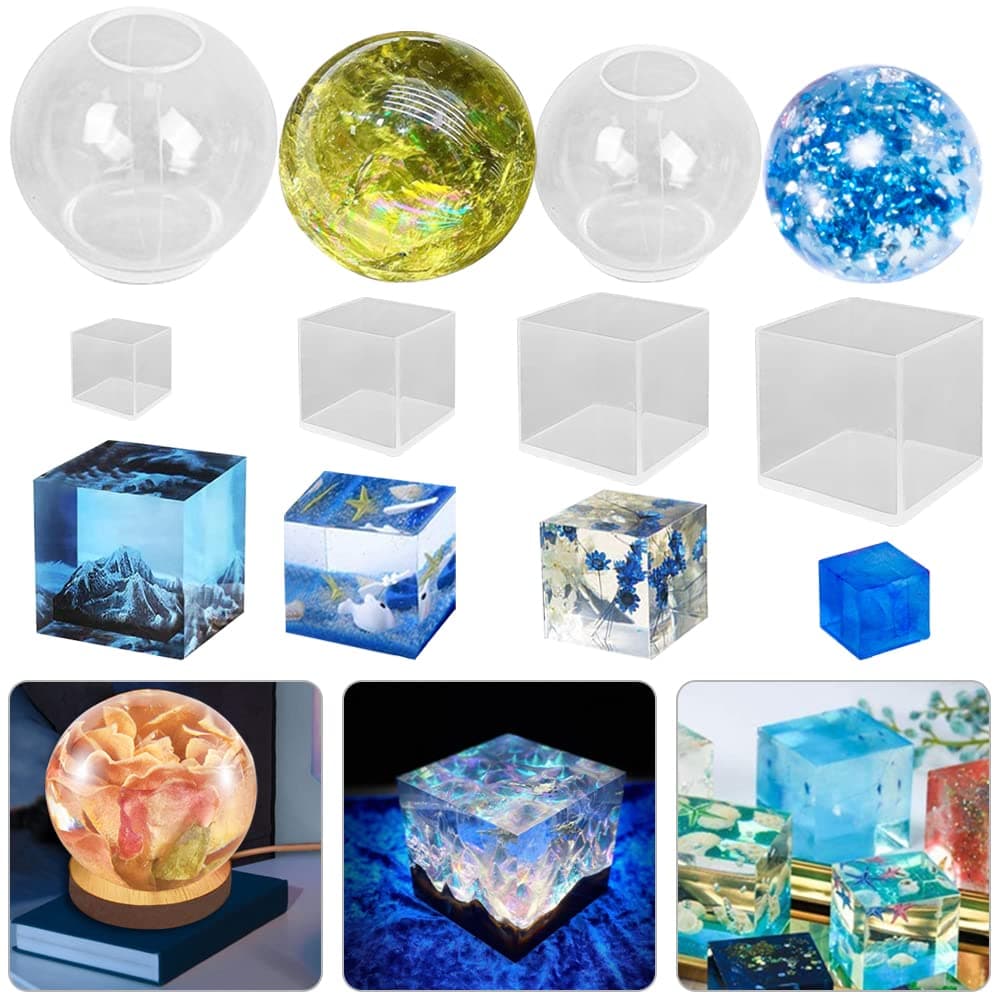 6 Pcs Sphere & Cube Resin Moulds - FineGood Clear Silicone Epoxy Moulds for DIY Crystal Ball, Resin Candle & Soap