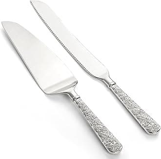 Dicunoy 2 PCS Wedding Cake Knife and Server Set, Silver Cake Cutting Set, Vintage Engraved Cake Cutter and Elegant Serving Spatula for Birthday, Party, Anniversary