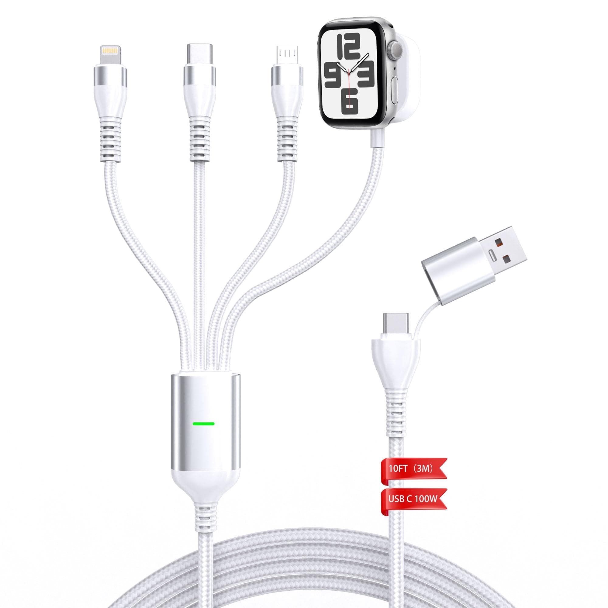 Multi Charging Cable for Apple Watch - 100W 10ft 4-in-1 Fast Charger with Lightning, USB C, Micro USB & Apple Watch Charger for iWatch, iPhone, MacBook Pro - White
