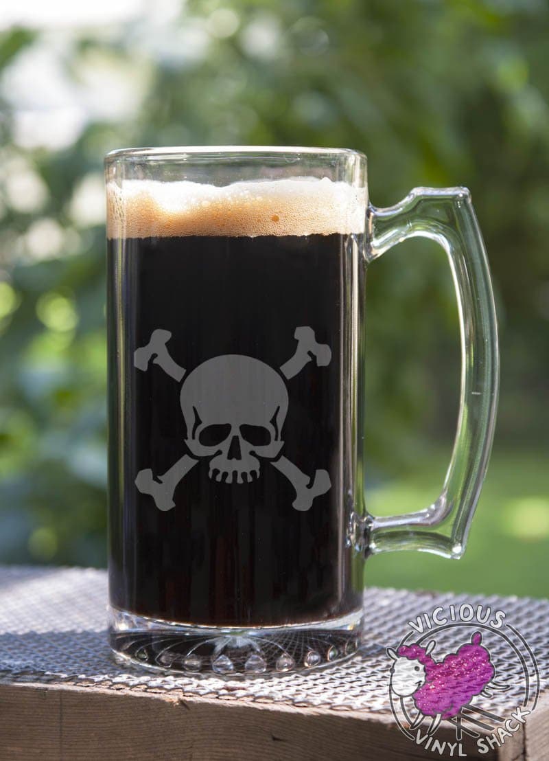 Skull and Crossbones Traditional Skeleton and Teeth 24 oz Etched Glass Stein Beer Mug with Handle Bones Danger Achtung Warning Adviso Poison Danger Death Halloween Pirate Ship