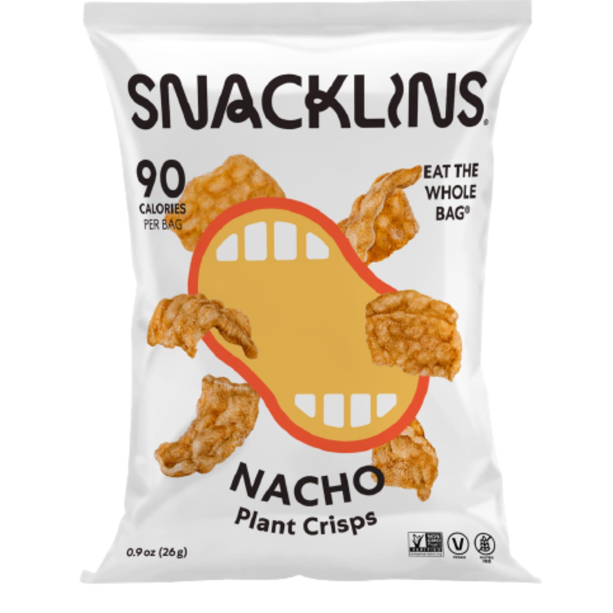 SNACKLINS Plant Based Crisps NACHO - Gluten Free, Grain Free, 100% Kosher, Vegan Healthy Snacks, Crunchy Puffed Snack, Only 90 Calories Per Bag - .9oz Bag (Case of 24)