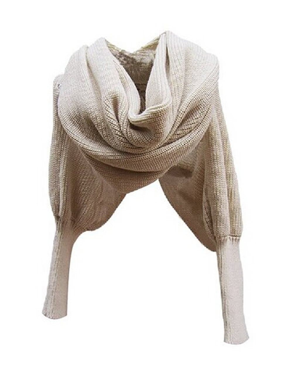 Women Solid Scarf with Sleeves Crochet Knit Long Soft Wrap Shawl Scarves (Beige)