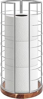 NearMoon Toilet Paper Organizer Stand, Freestanding 3 Rolls Tissue Storage, Metal Bathroom Accessory, Rustproof Toilet Roll Holder for Kitchen Countertop Inside Cabinet Shelf(Wooden Base, Chrome)