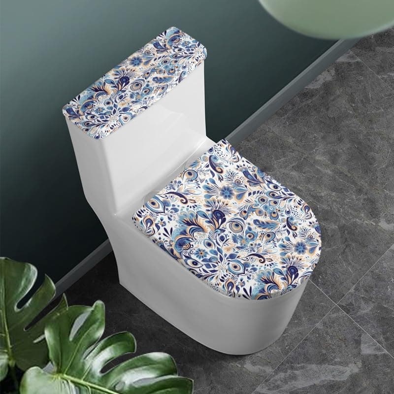 Boho Peacock Feather 2pcs Toilet Lid Cover Sets Blue White Porcelain Flower Toilet Seat Covers with Elastic Edge Bohemia Ethnic Floral Home Machine Washable Bathroom Accessories
