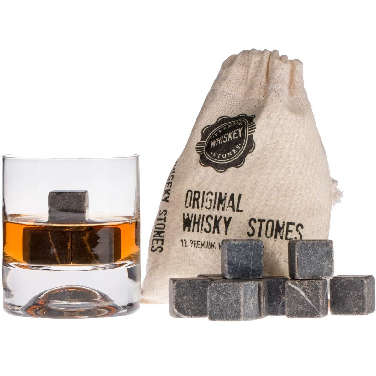 Premium Whiskey Stones Set with 12 Pcs Stones and Bag. Whiskey, Bourbon, Cognac, Scotch,Gin, Wine Beverage. Marble Reusable Ice Cubes. Birthday for Whiskey Lovers.… (Dark Grey)