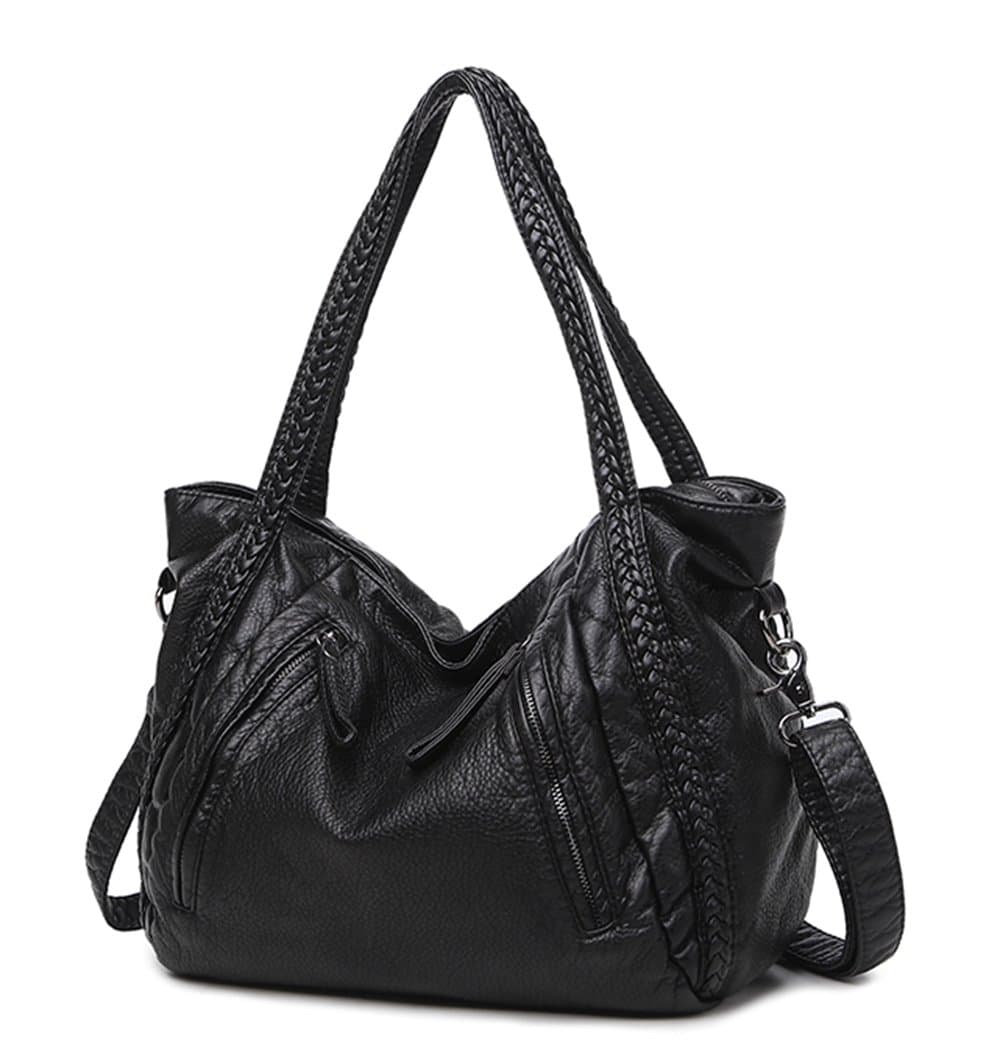 Black Soft Leather Shoulder Purses for Women Large Size Tote Handbags Slouchy Hobo Bags Big Capacity Trendy Shoulder Purse