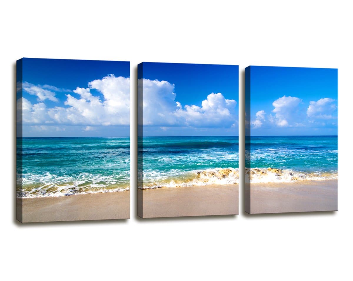 Moyedecor Art - Blue Beach theme Modern Stretched and Framed Seascape 3 panels Giclee Canvas Prints Artwork Landscape Pictures Paintings on Canvas Wall Art for Home Decor Ready To Hang