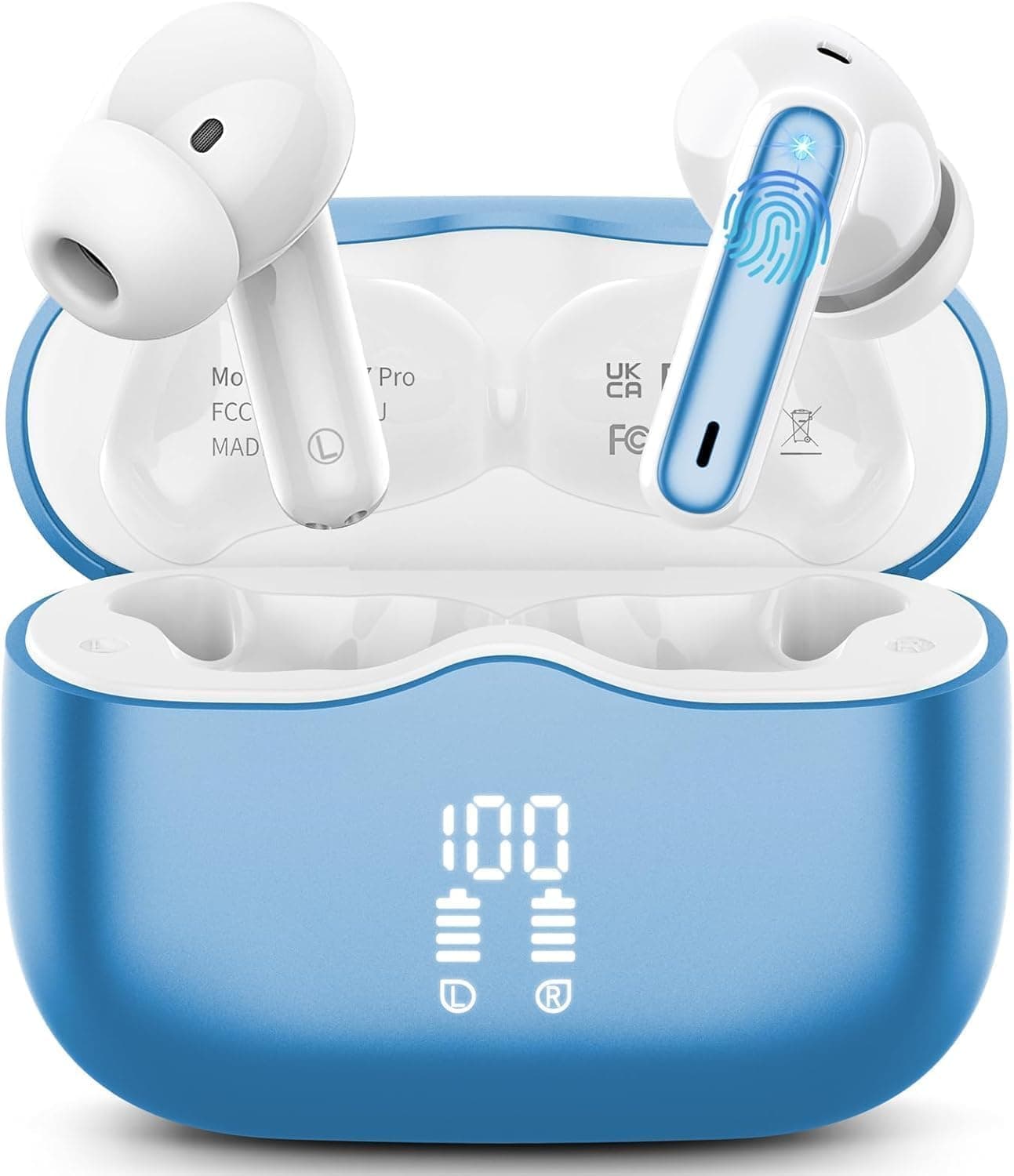 Wireless Earbuds, Bluetooth 5.4 Headphones in Ear with HiFi Stereo Deep Bass, 4 ENC Noise Cancelling Mic Wireless Earphones 40H Playtime, Bluetooth Earbuds Dual LED Display, IP7 Waterproof, Lake Blue