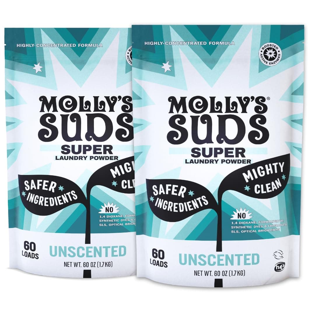 Molly's Suds Unscented Super Powder Detergent | Extra Strength Laundry Soap, Stain Fighting | Sensitive Skin | Simple, Effective Ingredients | 120 Loads Total (2 Pack)