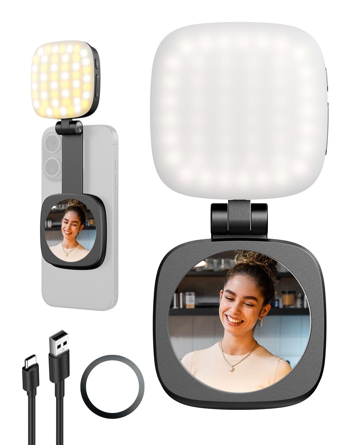 SMALLRIG Magnetic Selfie Light for iPhone, Phone Light with a Mirror, Instant Attachment for MagSafe, for Selfies, Video Conference, Vibe P48 Black - 4656
