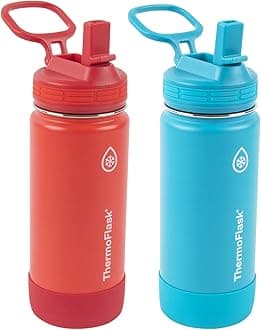 ThermoFlask Kids 16 oz Insulated Water Bottles with Straw Lid BPA-Free Stainless Steel Leakproof & Spill-Proof Design Easy Clean Wide Mouth 2-Pack for School, Sports, Playdates, Red/Blue