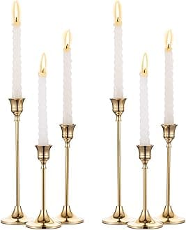 2 Sets(6 Pcs) Brass Gold Metal Taper Candle Holders Candlestick Holders, Vintage Modern Decorative Centerpiece Candlestick Holders for Table Mantel Wedding Housewarming Gift