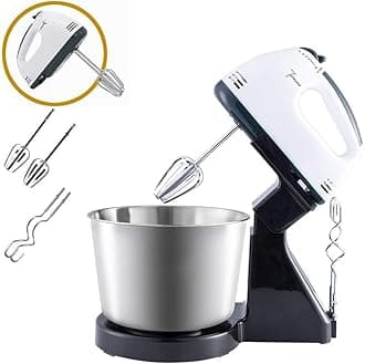 JJONE 7-Speed Stand Mixer, Electric Hand Mixer, Hand Mixer With Bowl, Stainless Steel Whisk Handheld Mixer Egg Cream Whisk Food Beater with 2pcs Beaters, 2pcs Dough Hooks (White)