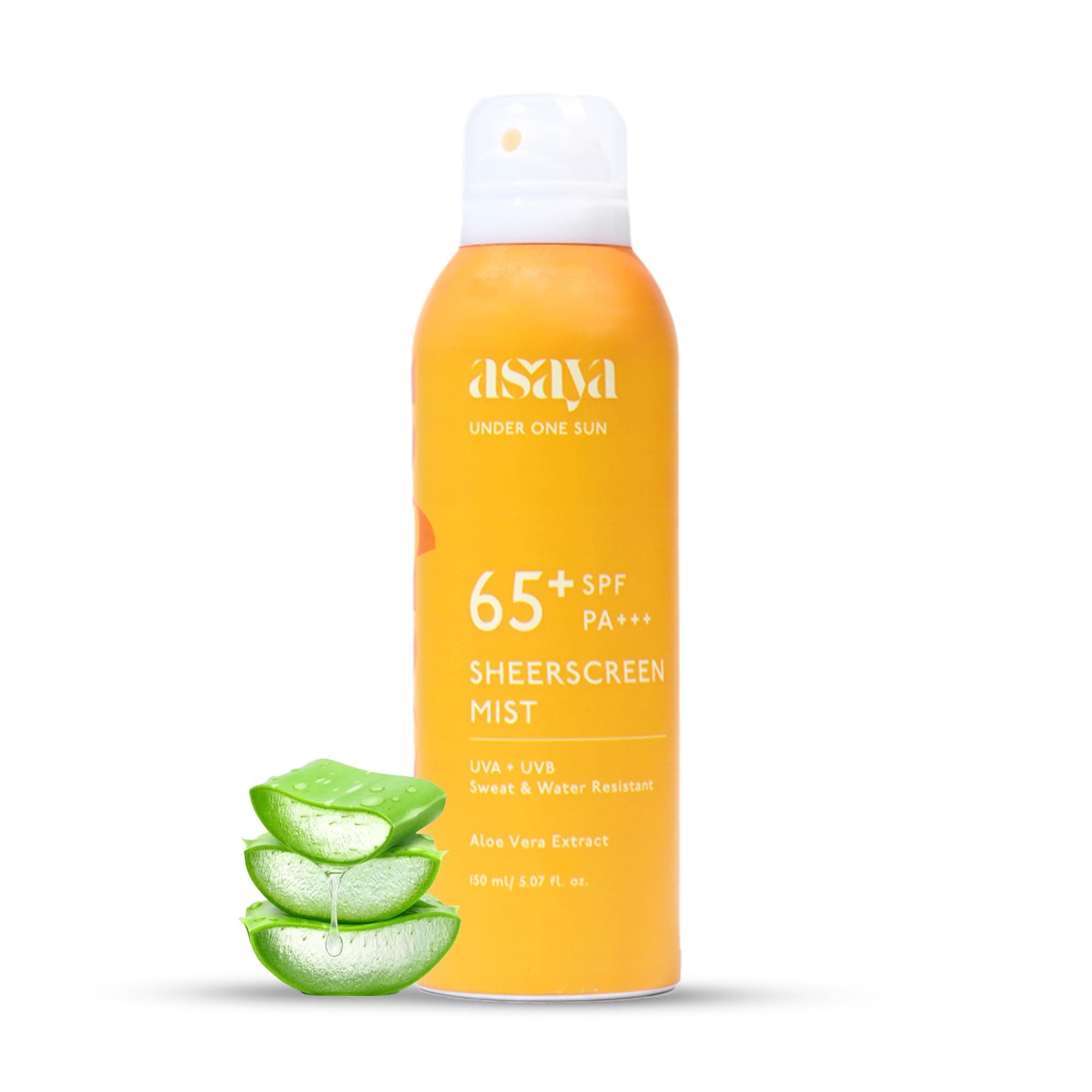 Asaya SPF 65+ Sunscreen Spray with Aloe Vera extract | Broad Spectrum UVA + UVB Coverage | For Men & Women | Quick-drying, No White-Cast | Sweat & Waterproof Sunscreen Spray | All skin types | 150ml