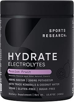Sports Research® Hydrate Electrolytes Powder - Sugar-Free & Naturally Flavored with Vitamins, Minerals, and Coconut Water - Supports Hydration - Passion Fruit - 90 Servings