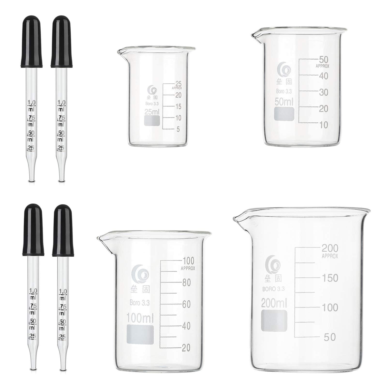 Glass Beaker Set - 4 Pack Graduated Low Form Measuring Beakers 25ml 50ml 100ml 200ml with 4 Pcs 1ml Glass Pipette