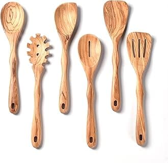 Gudamaye 12 inch Olive Wooden Utensils for Cooking, Long Handle Wooden Spoons for Cooking, 6 PCES Crafting Wooden Spoon Set, Wooden Kitchen Utensil set, Natural Olive Wood utensil Set