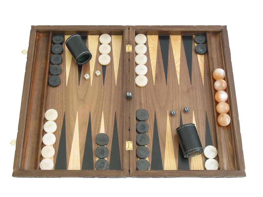 19" Carved Walnut Backgammon Set with Racks (Hand-Crafted Wood Case)