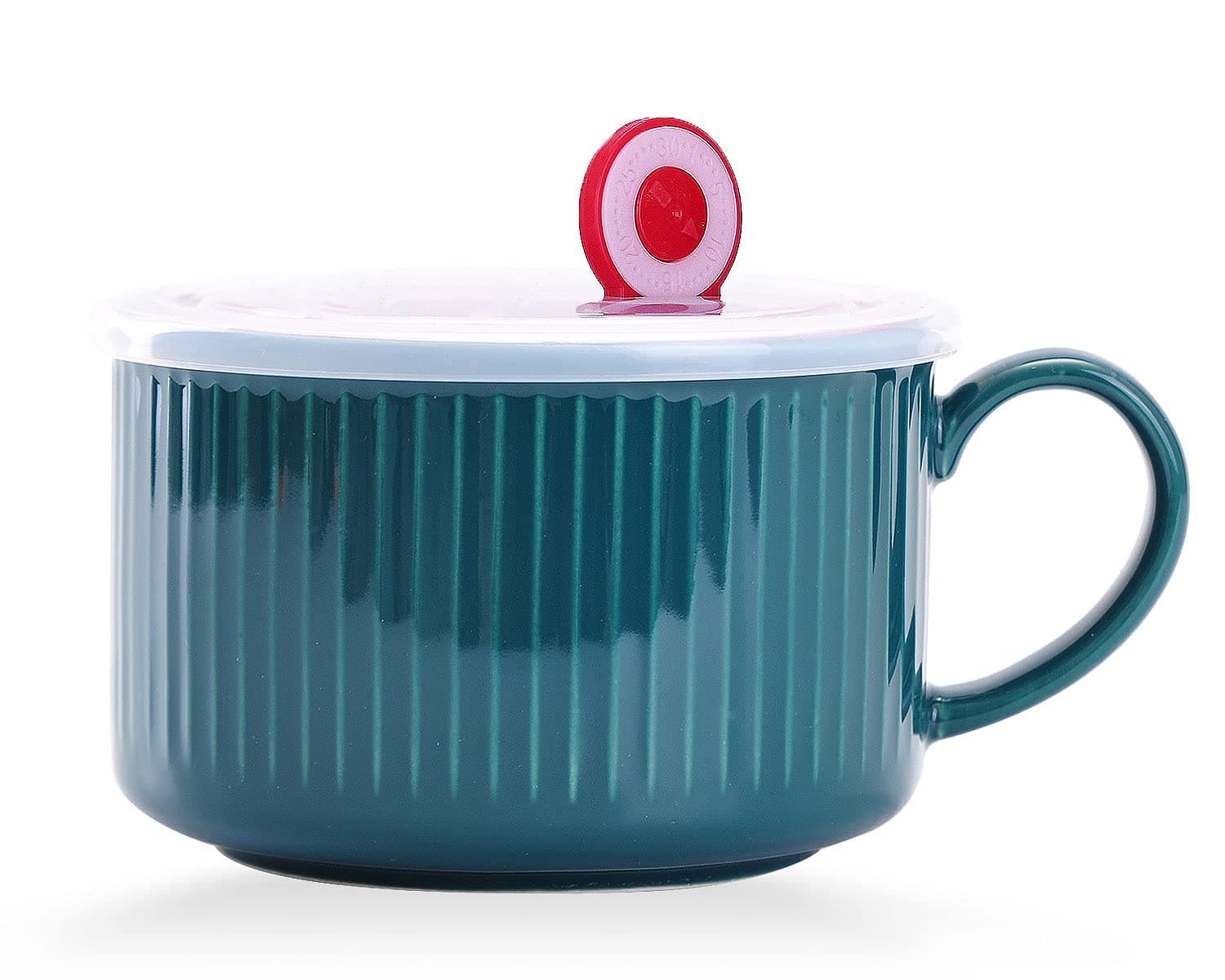 WHJY 30oz Ceramic Bowl with Lid and Handle for Soup and Instant Noodles Soup Mug, Modern Simple Style, with Heat Preservation Handle - Dark green