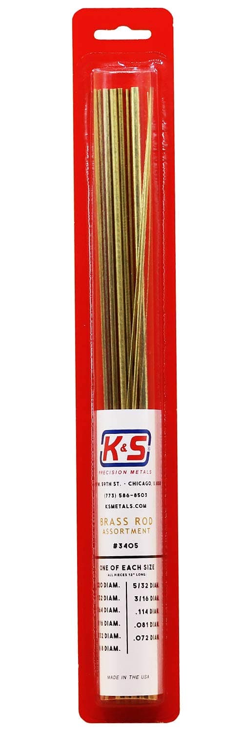 K & S Precision Metals 3405 Round Brass Rod, Diameters .020, 1/32, 3/64, 1/16, 3/32, 1/8, 5/32, 3/16, .114, .081, .072, 11 pieces per pack, Made in the USA