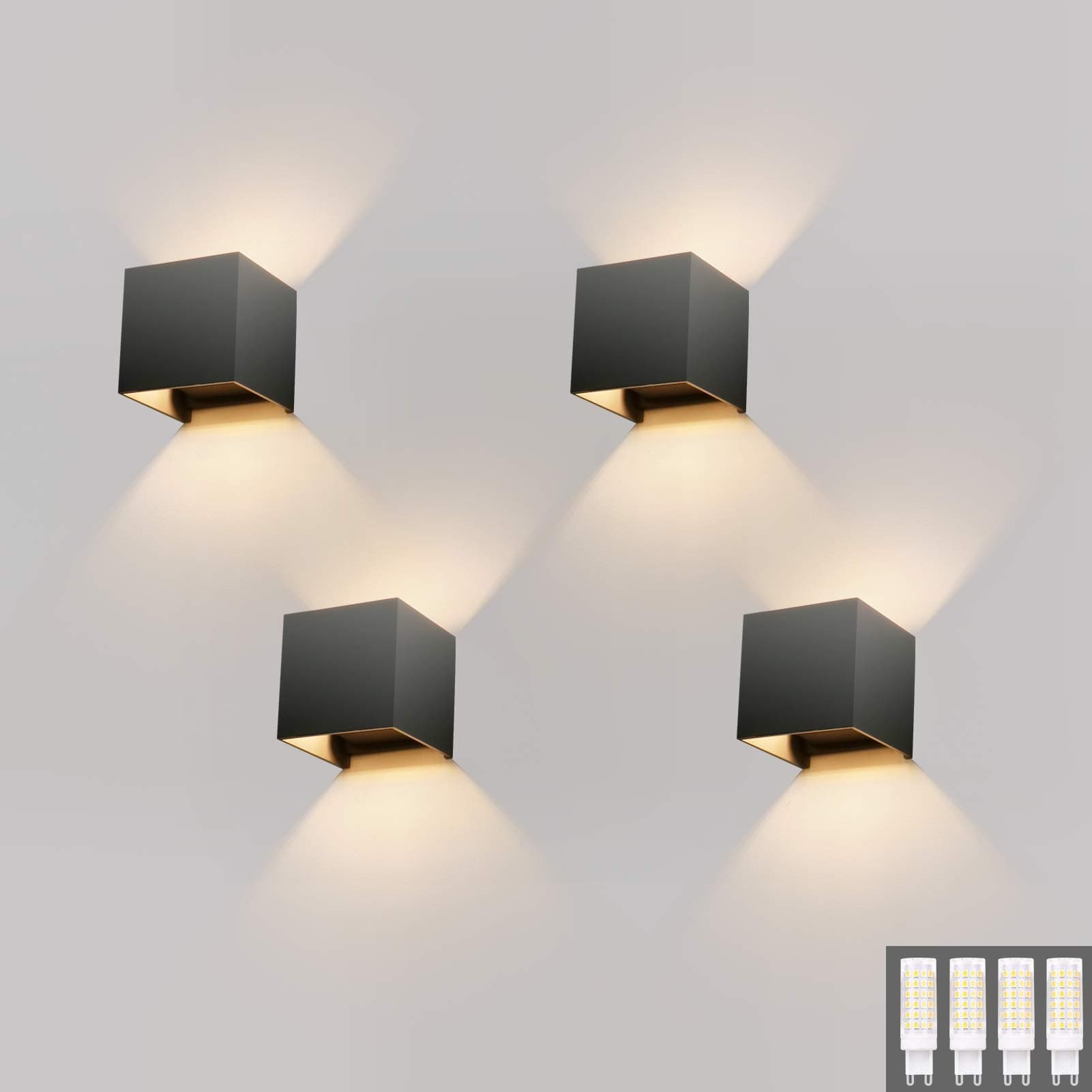 Klighten 4 Pack Wall Light, Outdoor/Indoor, Modern Up/Down Design, 9W Wall Lamp with a Replaceable G9 Bulb, Waterproof IP54, Outdoor Wall Lights, Warm White 3000K, Dark Grey