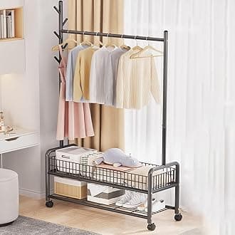 - Lukzer | MGR-002 | Black | Metal Garment Rack with Wheels, 2 Bottom Mesh Shelves & Single Rod – Space-Saving Cloth Stand & Coat Organizer for Bedroom, Entryway, Office & More | 173 x 90 x 34 cm