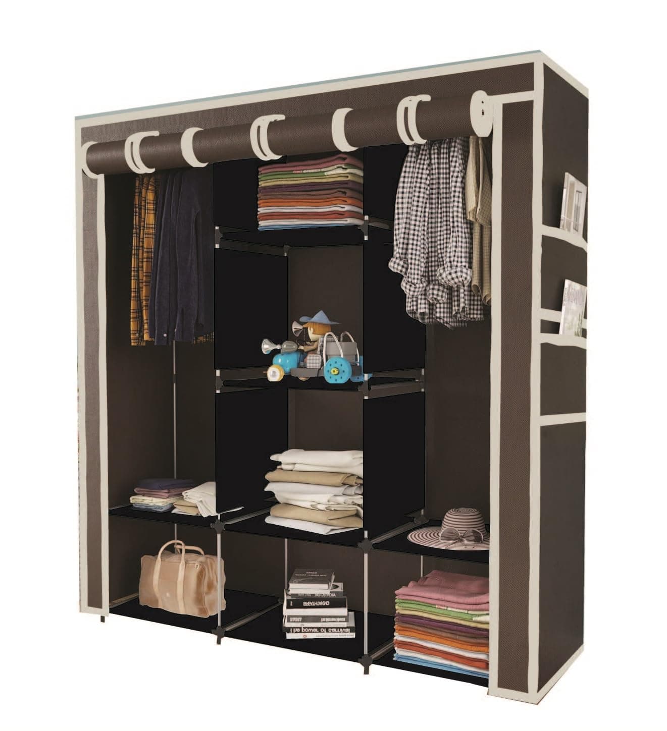 GTC® Collapsible Wardrobe Portable Foldable Closet for Clothes Almira, 2 Hanging Space, 8 Shelves Non-Woven Fabric 90 GSM (88130) (Brown)