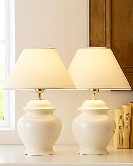 Homesake Ceramic Table Lamp for Living Room, Bedside, Bedroom & Study | Nightstand | Modern Decorative Night Lamp with Shade for Home Decor | Plug-in Table Lighting, 2 Pcs (White)