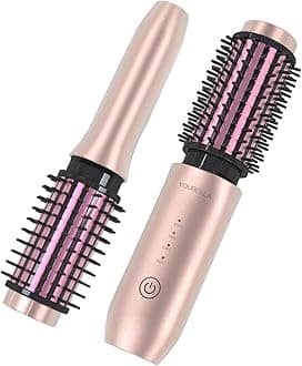 Cordless Hair Curling Iron Brush, Mini Travel Hot Straightener Comb, 3-in-1 Portable Wave Curling Wand, 1.5″ Ionic Heated Brush, USB Rechargeable Hair Curler, Pink – No Automatic Rotation