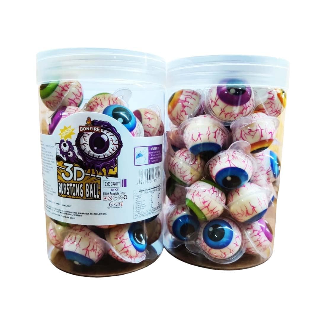 KIDINYOU 3D Bursting Fruit Punch Eye Ball Candy Jelly Ball Gummi Ball Spooky Eye Ball Shaped Center Filled Gummy Candy Halloween Special Tasty Jelly Balls 30 Pcs, 330 Gram Jar, Fruit