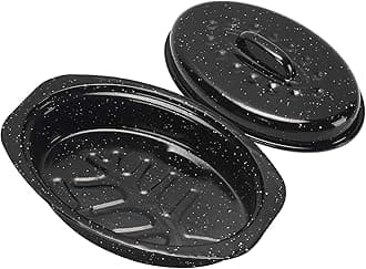 13 Inch Roasting Pan with Lid - Covered Oval Roaster - Enamel Carbon Steel Roaster Pot - Excellent Heat Distribution and Non-sticky - for Turkey Chicken Meat & Vegetables -Birthday and Holiday gifts