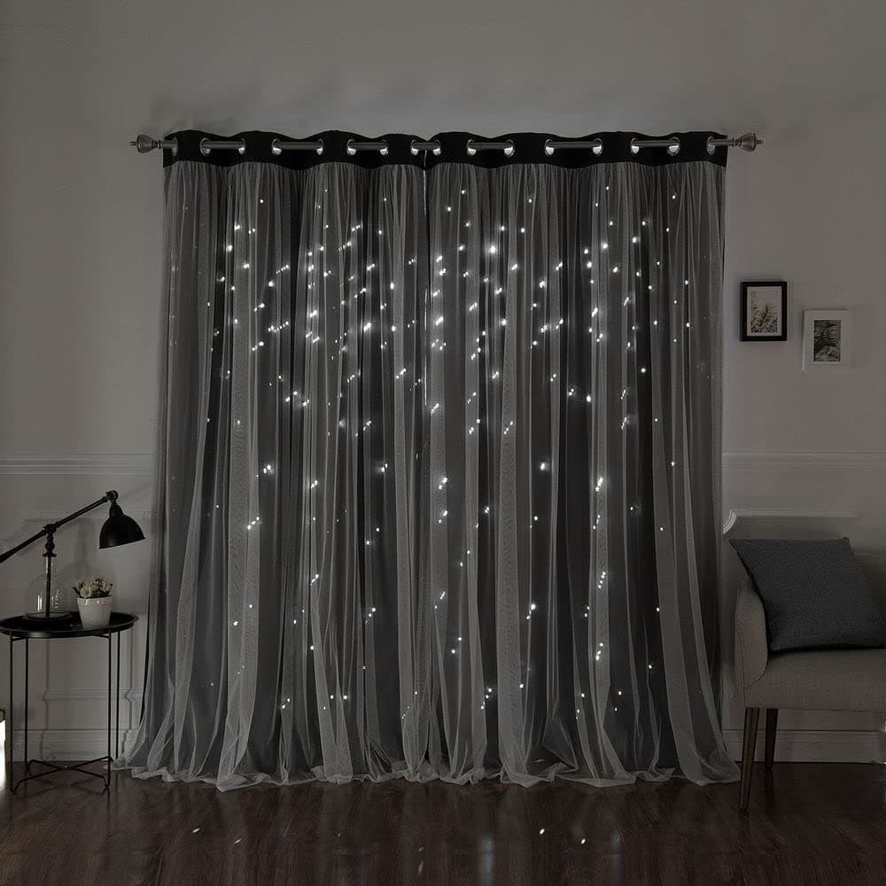 Aurora Home Star Punch Tulle Overlay Blackout Curtain Panel Pair Dark Grey 52" W x 84" L 84 Inches
