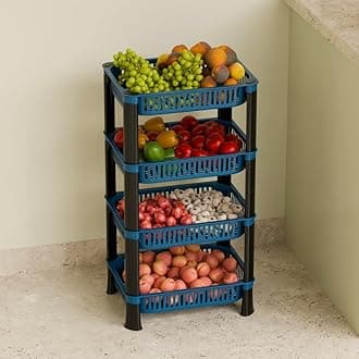 4-Layer Multipurpose Plastic Kitchen Storage Rack | Vegetable Basket Organizer | Stackable Storage Stand for Home, Pantry, Bathroom, Office – Durable Space-Saving Shelf (Blue)