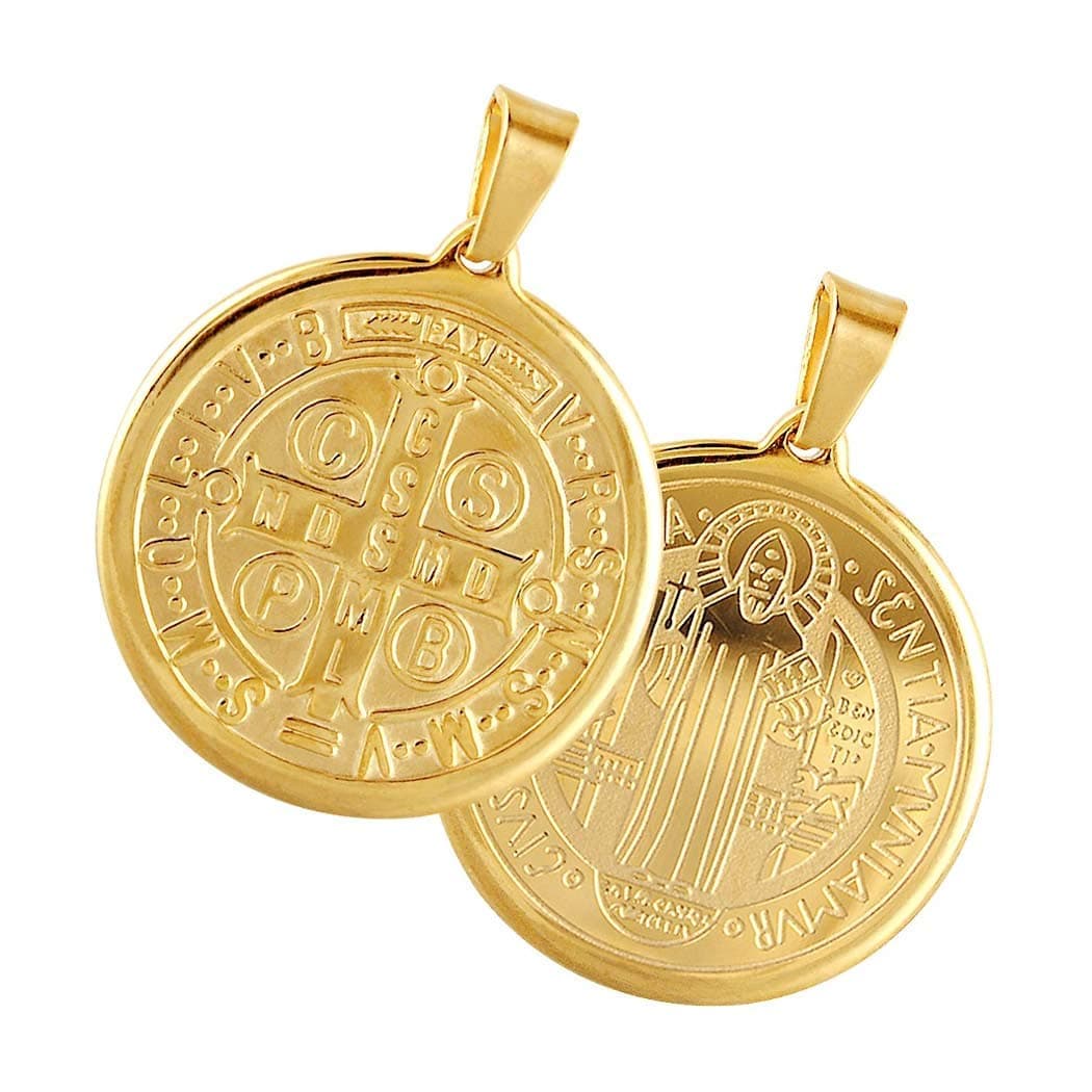 Gold Stainless Steel Saint Benedict Devil Chasing Medal Holy Pendant with 22" Chain