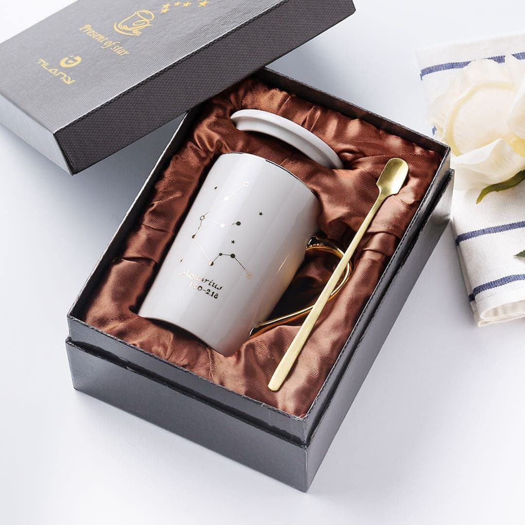TILANYCeramic Aquarius Mug Gift Set Set - Constellation Coffee Mug with Lid & Gold Spoon - Creative White Astrology Tea Cups with Stunning Zodiac Design for Men & Women, 13.5 Oz
